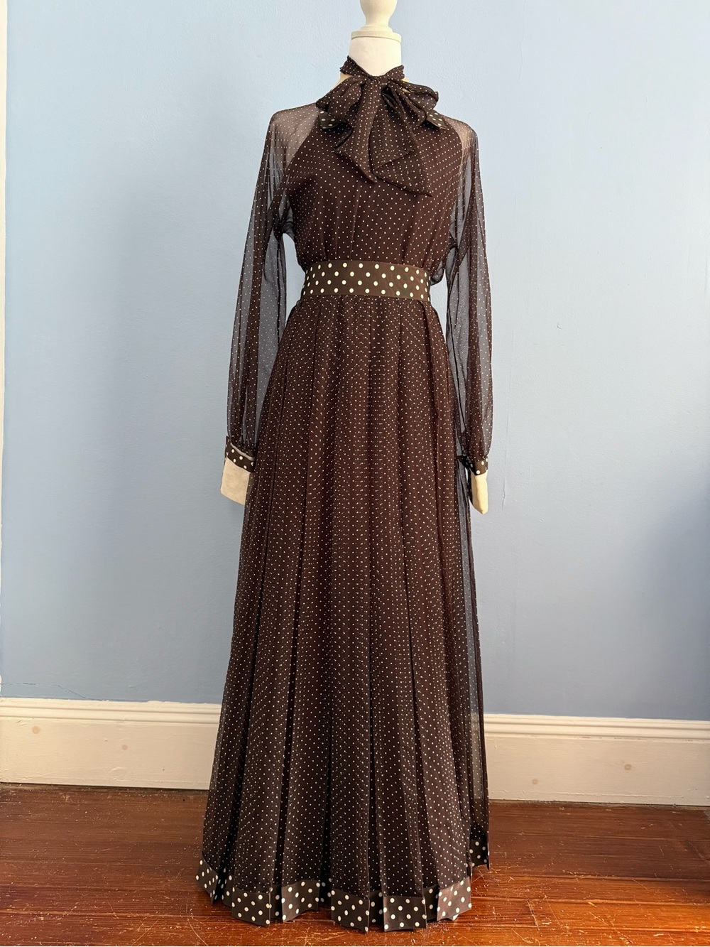 Vintage Kiki Hart 1960s/70s Polka Dot Chiffon Maxi Gown – XS – Rare Designer